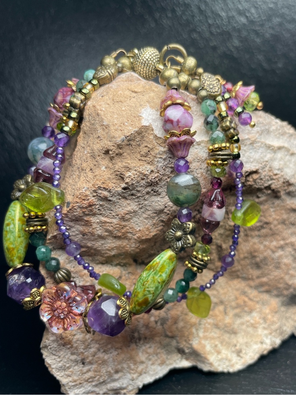 Artisan Floral Bracelet - Genuine Amethyst And Emeralds